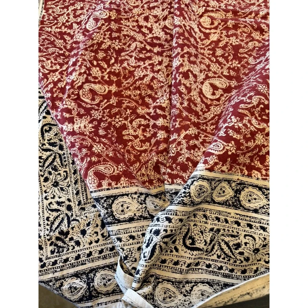 Vintage Indian Block Print Floral Tablecloth Border Black Burgundy Square 44
